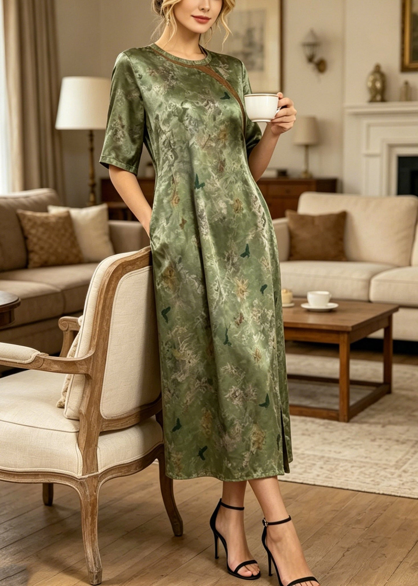 Retro Green O-neck Patchwork Side Open Silk Long Dress Summer