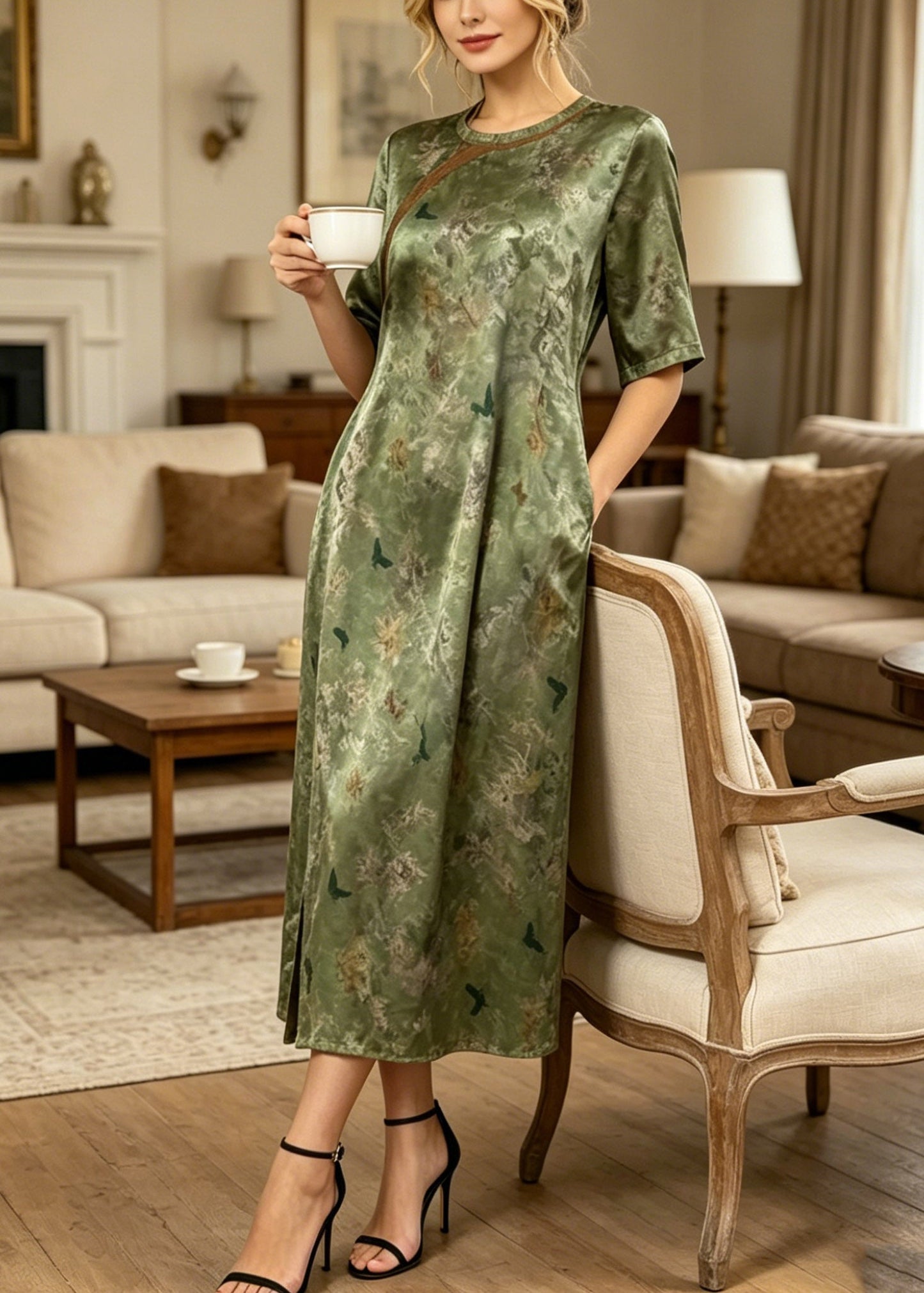 Retro Green O-neck Patchwork Side Open Silk Long Dress Summer