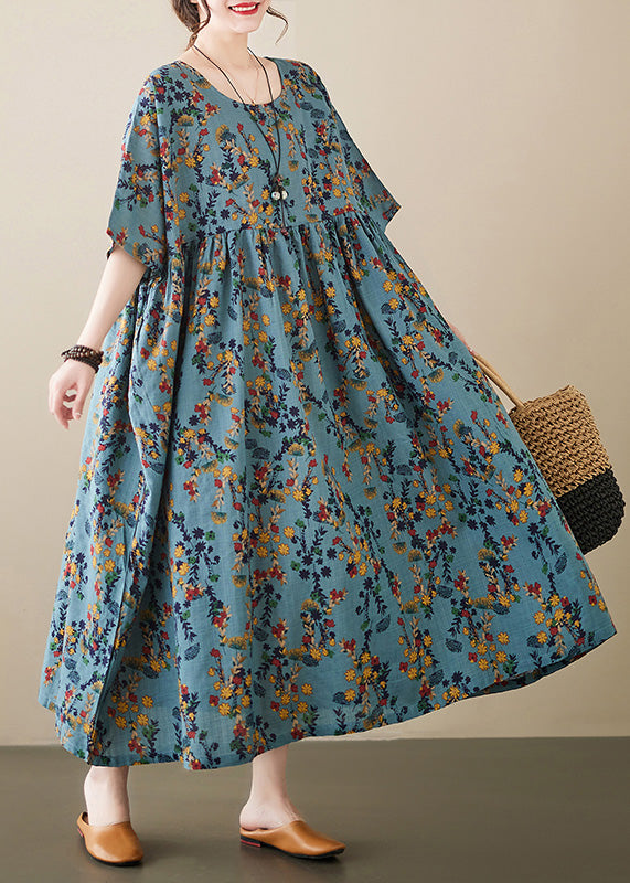 Retro Green O-neck Print Wrinkled Cotton Maxi Dress Short Sleeve