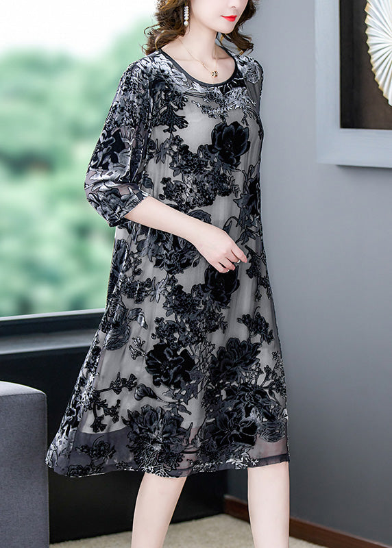 Retro Grey O-neck Embroidered Hollow Out Party Long Dress Summer