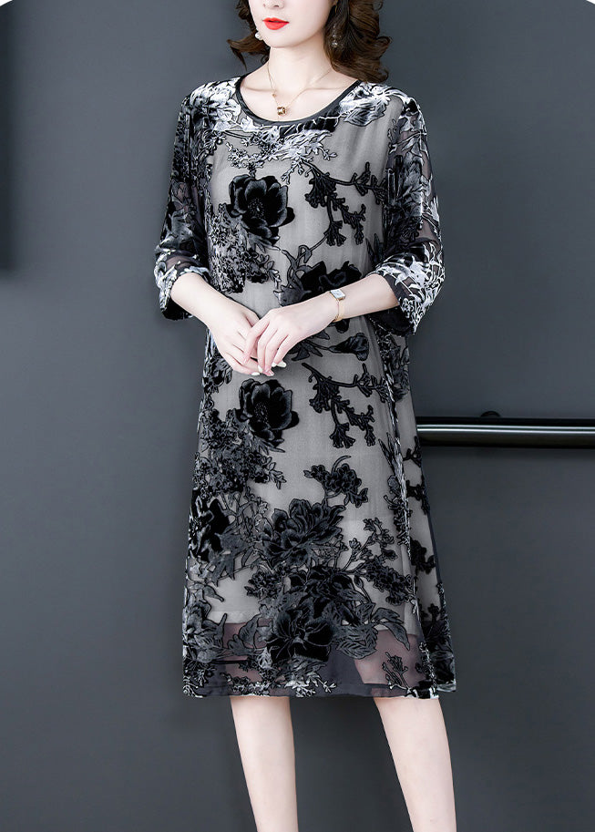 Retro Grey O-neck Embroidered Hollow Out Party Long Dress Summer