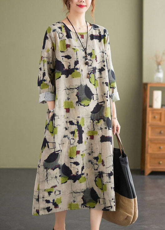 Retro O-neck Print Pockets Linen Vacation Dresses Long Sleeve