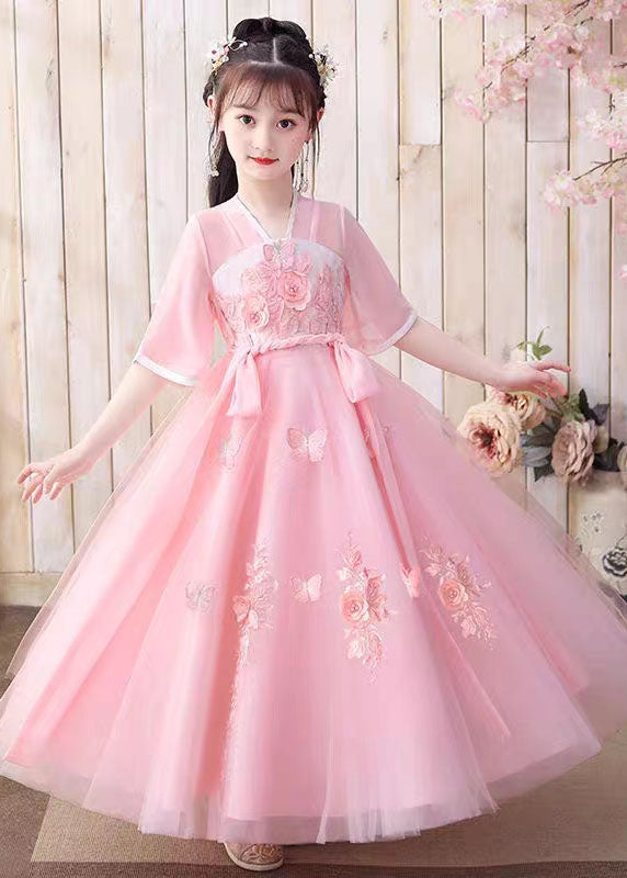 Retro Pink Butterfly Embroideried Patchwork Chiffon Kids Long Dresses Summer