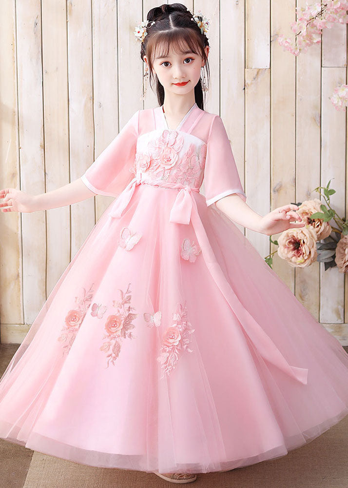 Retro Pink Butterfly Embroideried Patchwork Chiffon Kids Long Dresses Summer