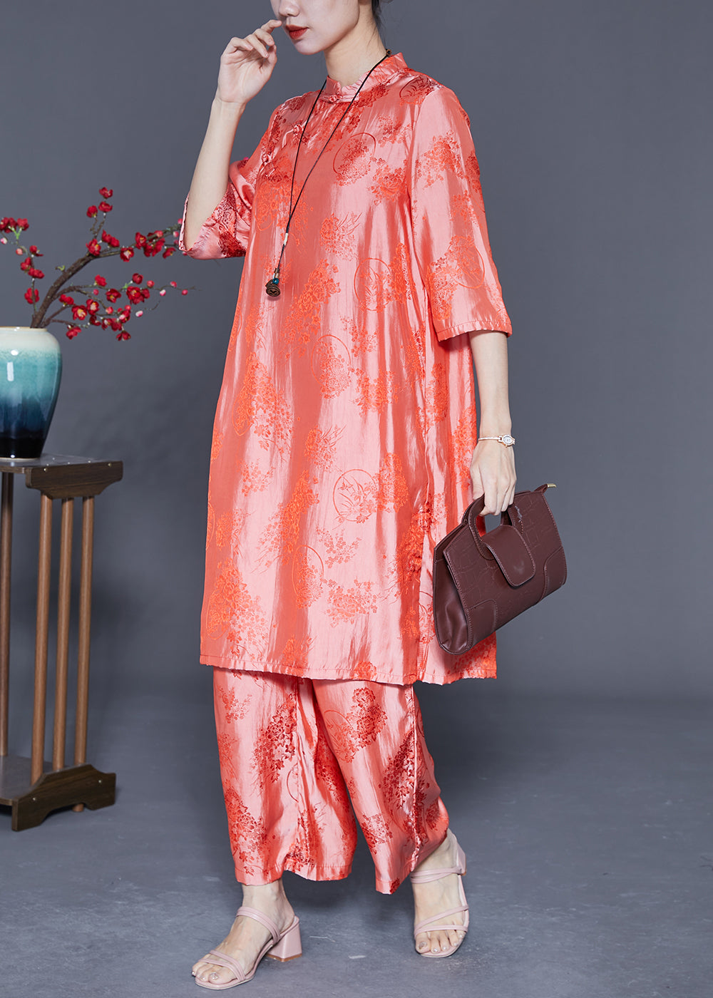 Retro Pink Jacquard Silk Dress and Pant Two Piece Suit Set Summer