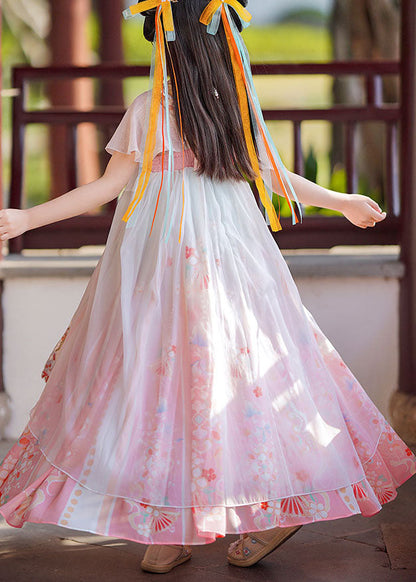 Retro Pink Print Wrinkled Patchwork Chiffon Kids Long Dresses Summer