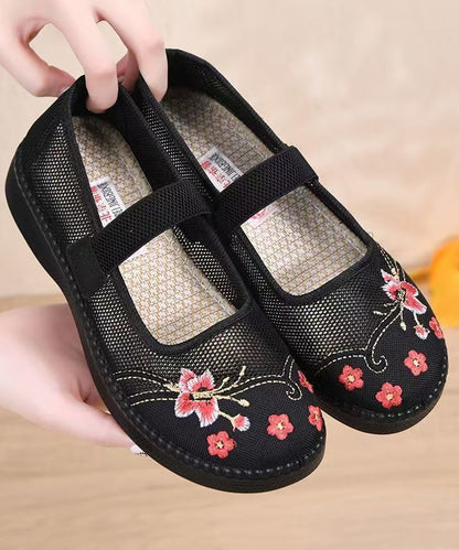 Retro Red Embroidered Tulle Fabric Flat Shoes Lace Up Flat Shoes for