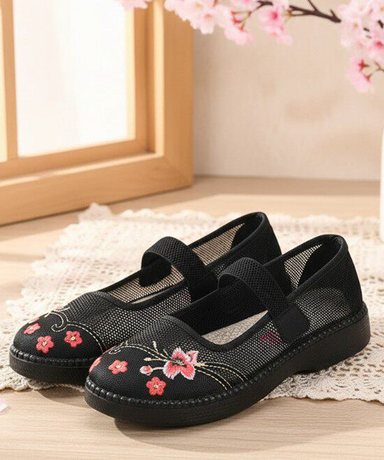 Retro Red Embroidered Tulle Fabric Flat Shoes Lace Up Flat Shoes for