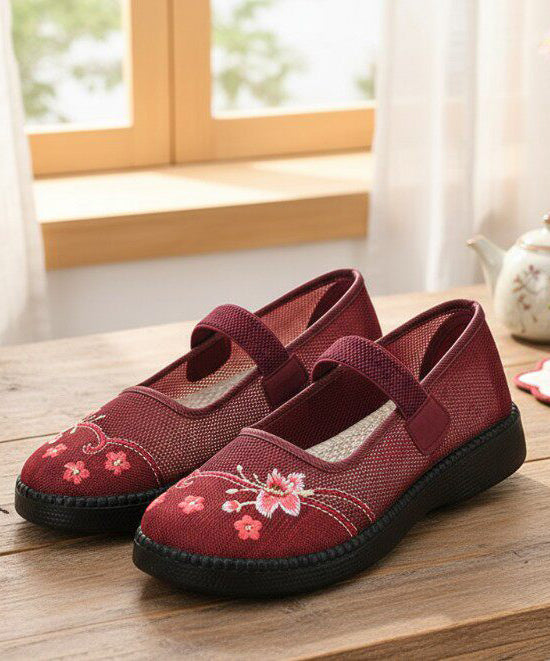 Retro Red Embroidered Tulle Fabric Flat Shoes Lace Up Flat Shoes for