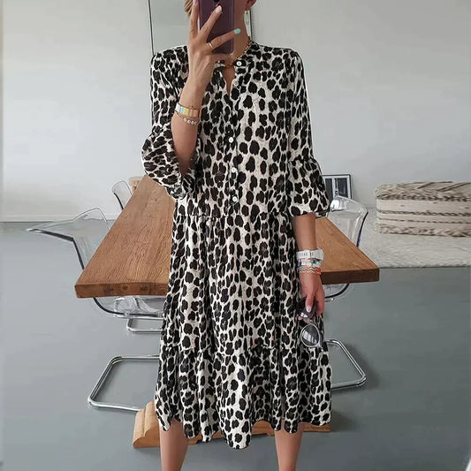 CD | Rochie midi cu imprimeu leopard, croială cu nasturi și mâneci 3/4