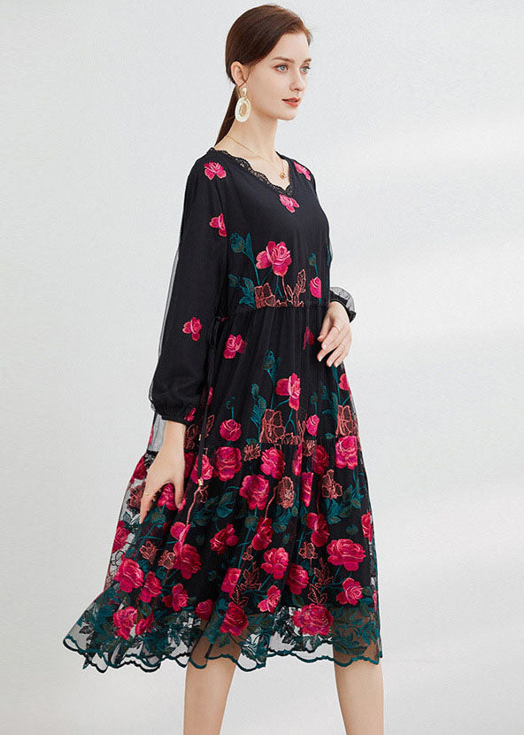 Rose Tulle Maxi Dress O-neck Embroideried Long Sleeve