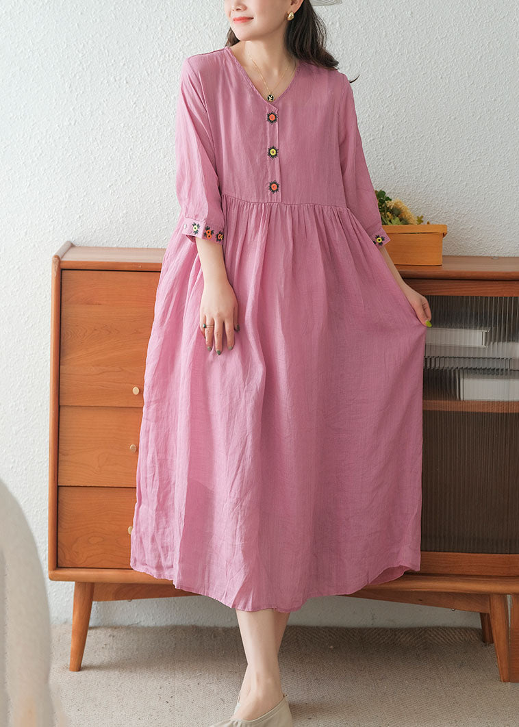 Rose Linen Long Dress and Spaghetti Strap Dress Two Pieces Set Embroideried Short Sleeve
