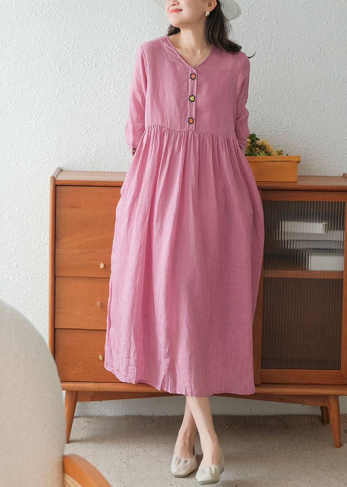 Rose Linen Long Dress and Spaghetti Strap Dress Two Pieces Set Embroideried Short Sleeve