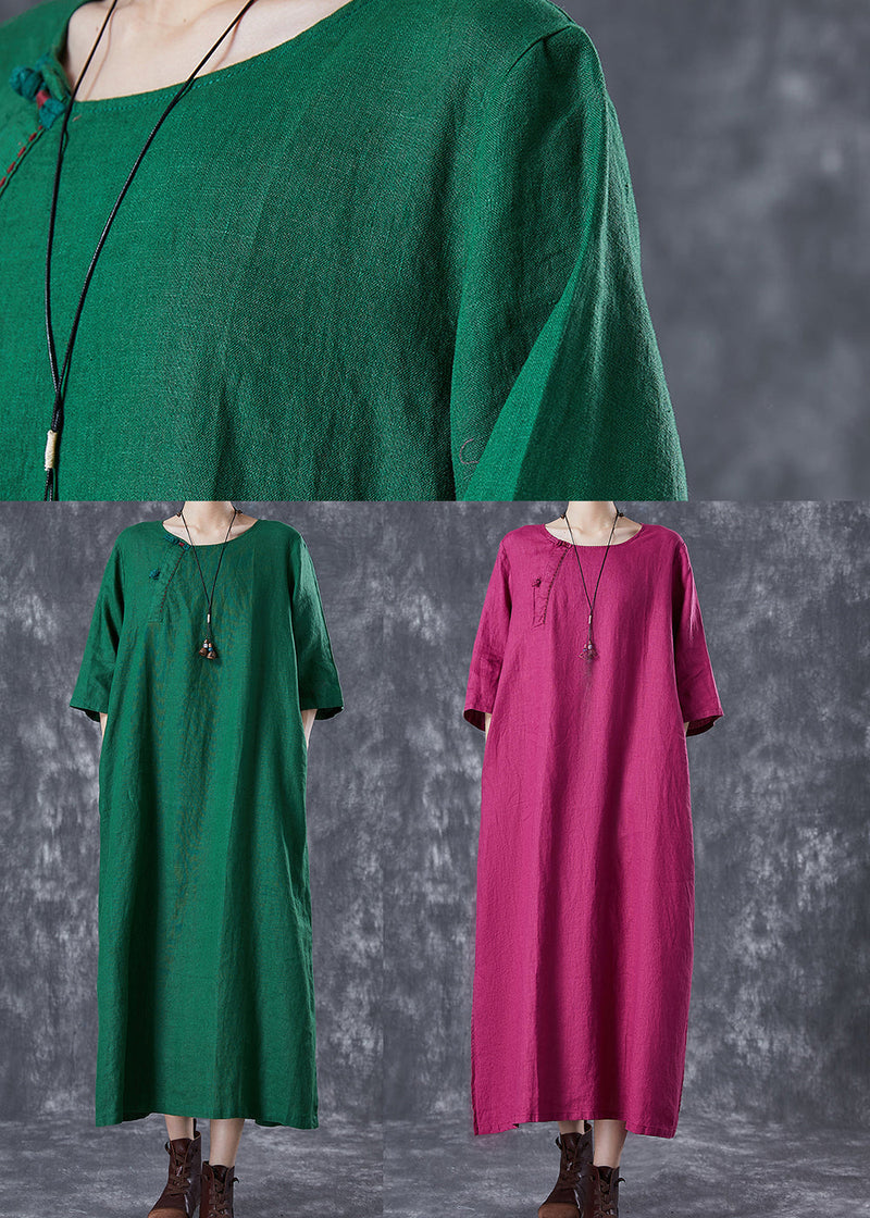 Rose Oversized Linen Holiday Dress Chinese Button Side Open Half Sleeve