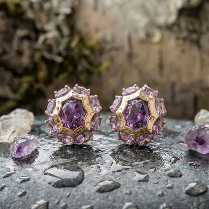 Rounded Violet Zirconia Gold Earrings