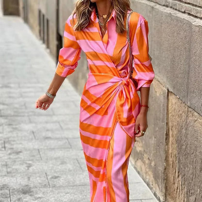 CD | 2024 AliExpress Europene și americane transfrontaliere noua moda imprimate cămașă guler dantelă până midi rochie cu dungi