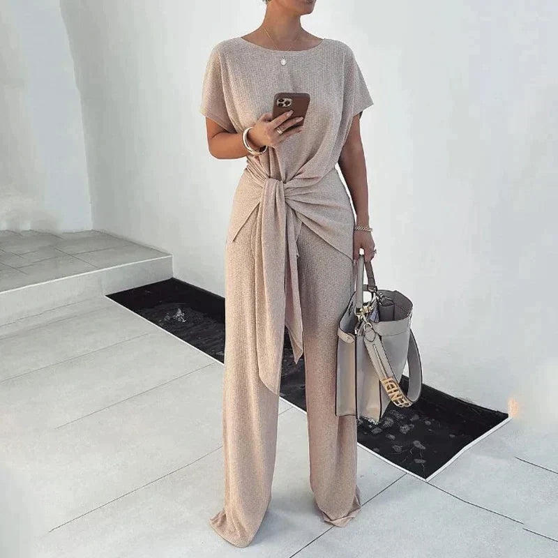 CD | Top cu decolteu rotund și mâneci scurte Buzunare lejere, casual Set de pantaloni