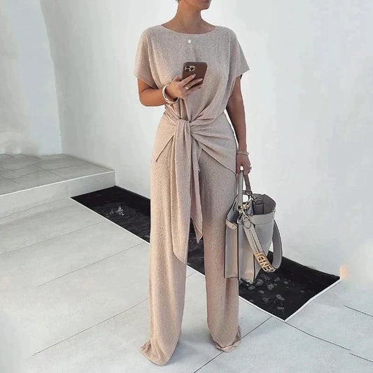 CD | Top cu decolteu rotund și mâneci scurte Buzunare lejere, casual Set de pantaloni