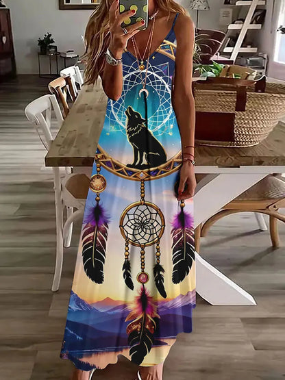 CD | 2024 New 3D Owl Vintage Print Sleeveless Vest Long Women Tribal Pattern Spaghetti Strap Dress Summer Long Loose Vest Dresses