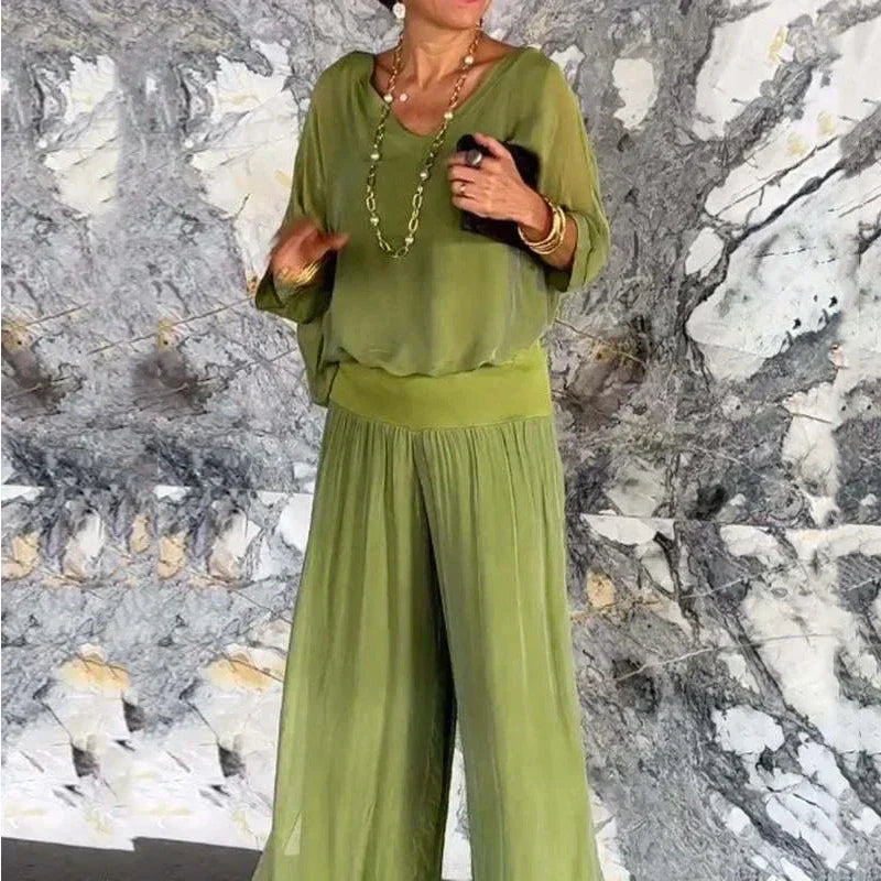 CD | Elegant sifon top cu pantaloni set din două piese