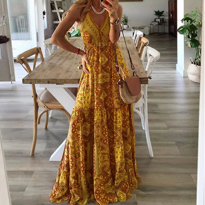 CD | European și American New 2023 Bohemian Style New Strap Long Dress High Waist V-Neck Printed Fragmented Floral Dress Women Wea