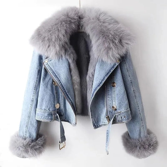 CD | Jachetă luxoasă din blană faux denim
