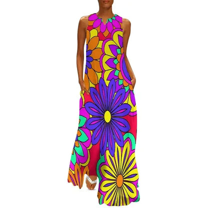 CD | Flower Power Women Rochie Vara Retro Floral Print Street Wear Bohemia Rochie lungă Womens Sleeveless Sexy Maxi Dress Big Size 3XL