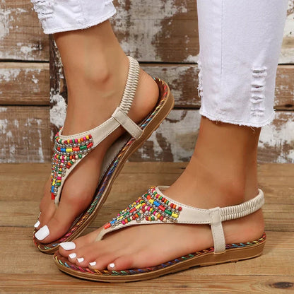 CD | Femei cu margele stil etnic Boho T-strap Slip On
