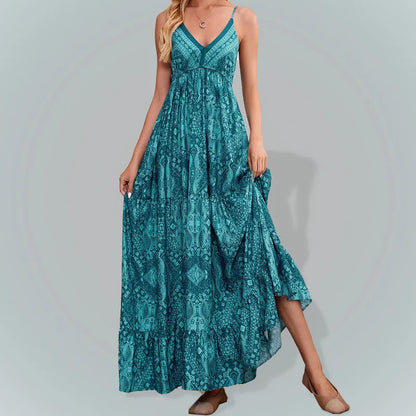 CD | BAMBOOBOY Women V-Neck Party Long Dresses Vintage Printed Bohemian Beach Elegant Sleeveless Spaghetti Strap Sexy Maxi Sundress