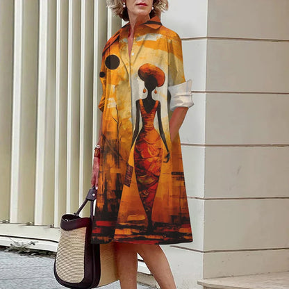 CD | Vara noi femei elegante cămașă Casual femei imprimate maneca lunga moda Lapel Street femei rochii cina partid rochii