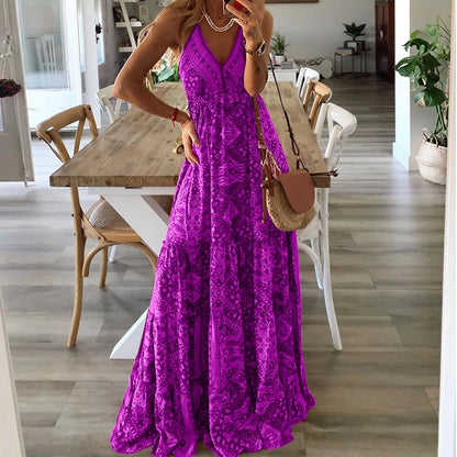 CD | BAMBOOBOY Women V-Neck Party Long Dresses Vintage Printed Bohemian Beach Elegant Sleeveless Spaghetti Strap Sexy Maxi Sundress