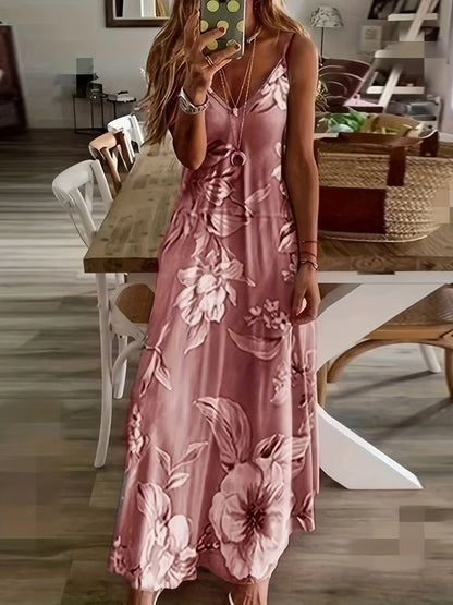CD | Fresh Geometric Print imprimate V-neck Suspender rochie lungă de vară de vacanță gleznă-lungime plajă și mare Suspender rochie