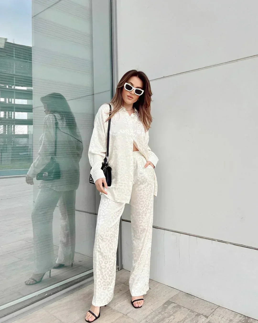 CD | Bluză elegantă cu butonieră single-breasted și pantaloni cu picioare largi