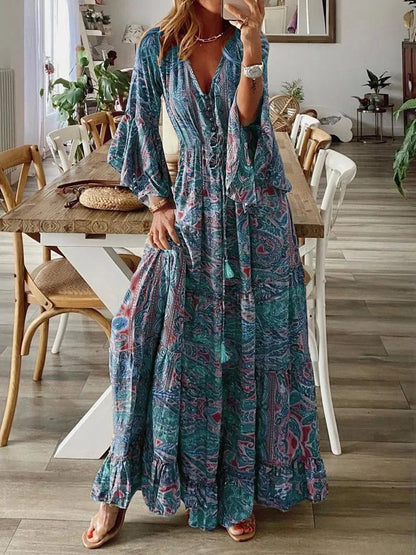 CD | 2023Cross frontieră boemă stil evazat mâneci imprimate v-neck mare rochie de vacanță cu talie florale rochie florale pentru femei