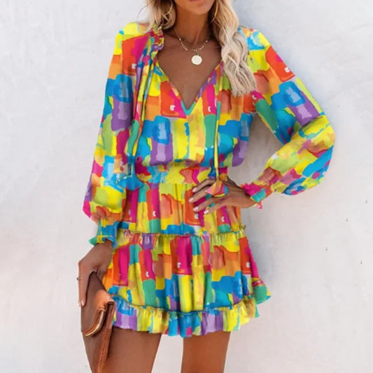 CD | Femei de primăvară Moda Casual florale imprimare Lantern maneca lung maneca V gât Ruffle Mini talie rochie
