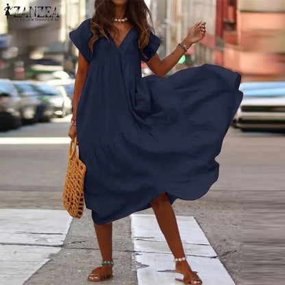 CD | Casual Boho Loose Femei Rochie Boemiană Vara V-Neck Short Sleeve Ruffle Dress Femei Oversize Party Beach A-Line Dress Vestidos