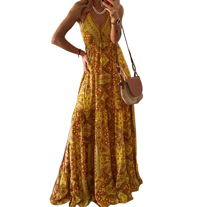CD | BAMBOOBOY Women V-Neck Party Long Dresses Vintage Printed Bohemian Beach Elegant Sleeveless Spaghetti Strap Sexy Maxi Sundress