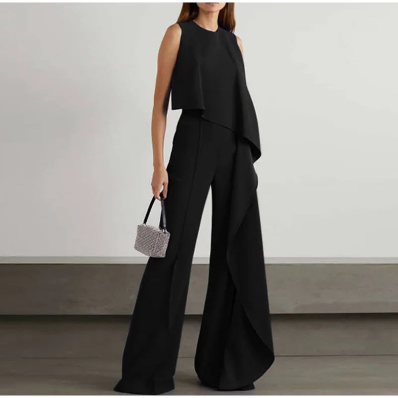 CD | Doamnelor elegant fără mâneci largă picior ruffle costum de pantaloni