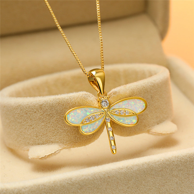 Dragonfly Necklace In Gold With Opal