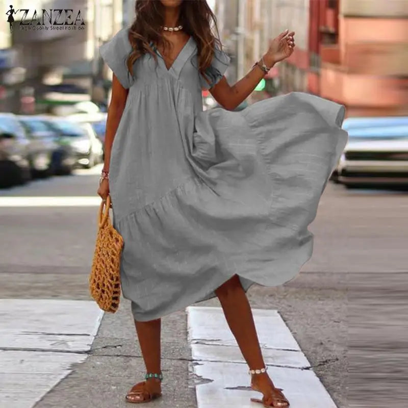 CD | Casual Boho Loose Femei Rochie Boemiană Vara V-Neck Short Sleeve Ruffle Dress Femei Oversize Party Beach A-Line Dress Vestidos