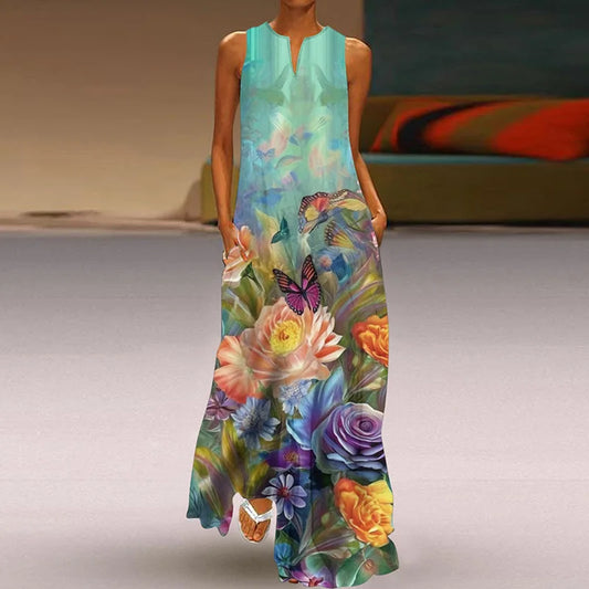 CD | 2025 Vara New Vintage Flower imprimate rochii lungi Femei Moda V-Neck Loose Sleeveless rochie Casual Commuting Vestidos Femei