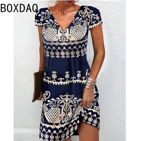 CD | 3D Vintage elegant etnic stil imprimat rochie supradimensionat scurt maneca V-Neck Casual A-Line genunchi lungime rochie Vestidos