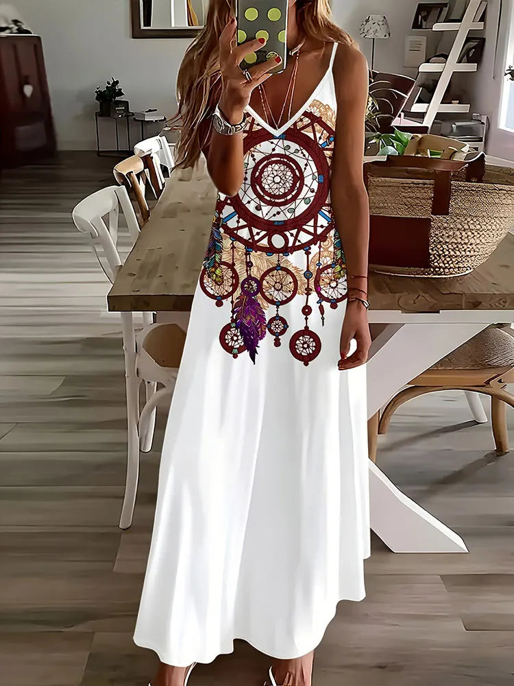 CD | 2024 New Vintage Ethnic Print Ladies Elegant Dress Summer Ladies Casual Sleeveless Dress Street Fashion Ladies Long Dress
