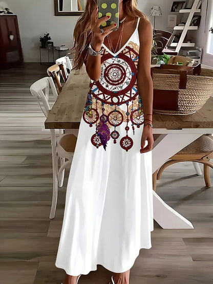 CD | 2024 New Vintage Ethnic Print Ladies Elegant Dress Summer Ladies Casual Sleeveless Dress Street Fashion Ladies Long Dress