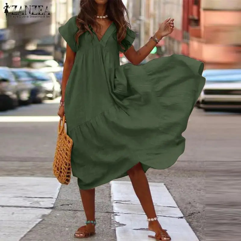 CD | Casual Boho Loose Femei Rochie Boemiană Vara V-Neck Short Sleeve Ruffle Dress Femei Oversize Party Beach A-Line Dress Vestidos