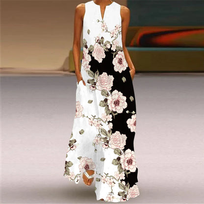 CD | 2024 New European and American Cross border Summer Long Dress Women Sleeveless V-Neck Printed Sexy
