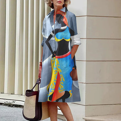 CD | Vara noi femei elegante cămașă Casual femei imprimate maneca lunga moda Lapel Street femei rochii cina partid rochii