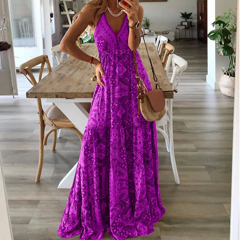 CD | European și American New 2023 Bohemian Style New Strap Long Dress High Waist V-Neck Printed Fragmented Floral Dress Women Wea