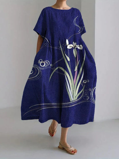 CD | 2024 New Women Round Neck Long Casual Dress Summer Large Size Fresh Fish Print Dress Street Holiday Short Sleeve Dress