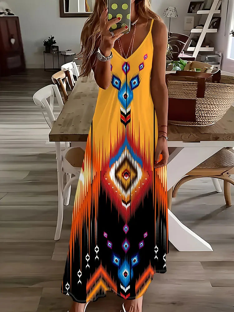 CD | 2024 New Vintage Ethnic Print Ladies Elegant Dress Summer Ladies Casual Sleeveless Dress Street Fashion Ladies Long Dress